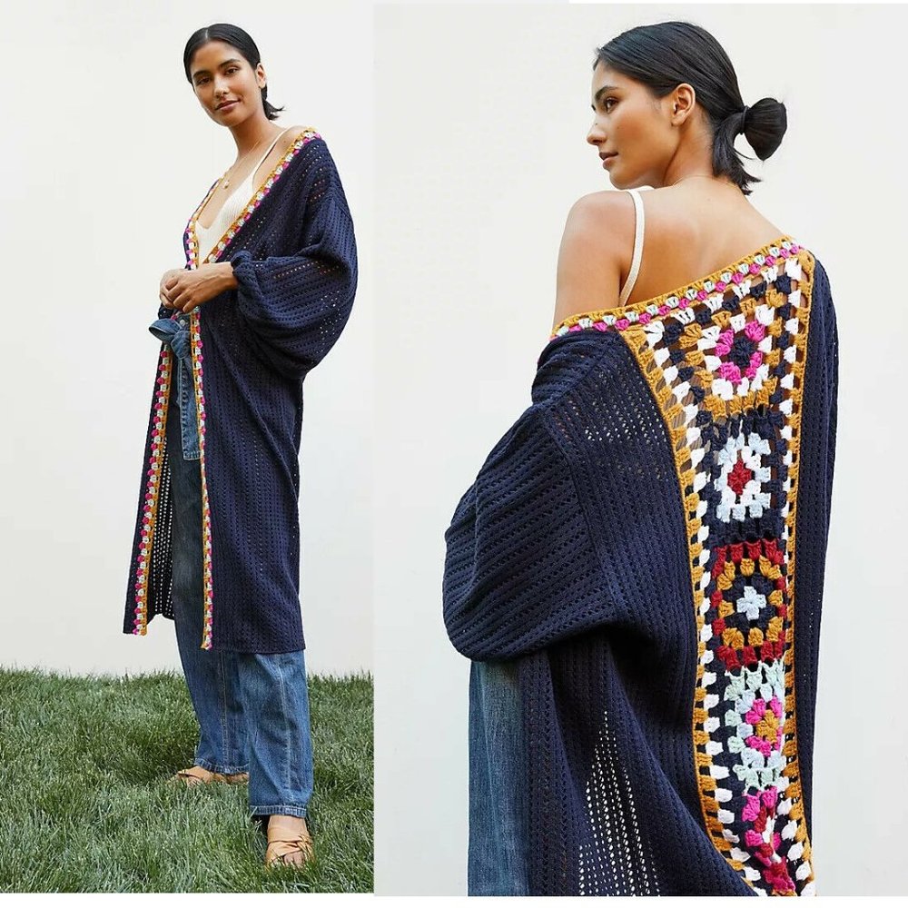 Anthropologie Navy Crochet-Trim Open Front Duster